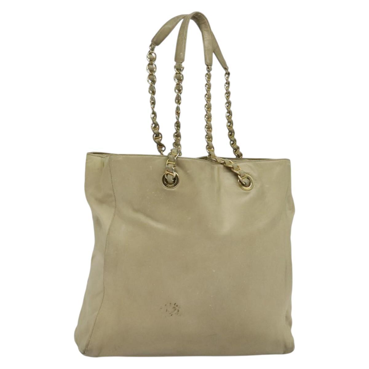 Prada Chain Tote Bag Leather Beige Gold Auth Bs28084
